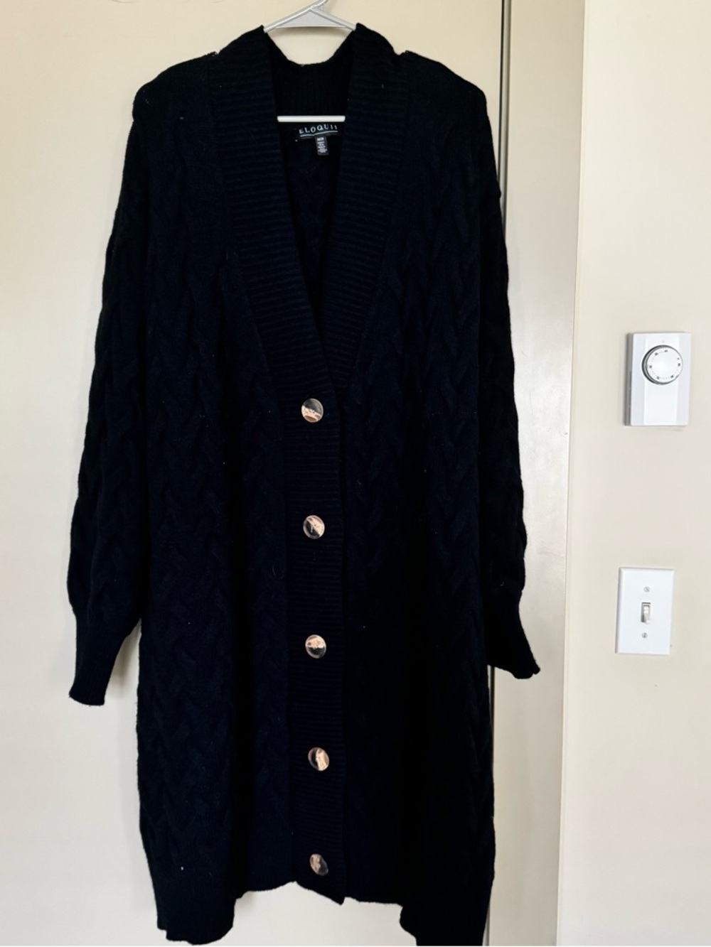 Eloquii Black Long Cable-Knit Shawl Collar Cardigan